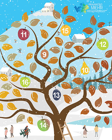 Teil 2 Adventskaelnder 2025 Gezeichnete Winterlandschaft mit großem Obstbaum und bunten Früchten im Vordergrund