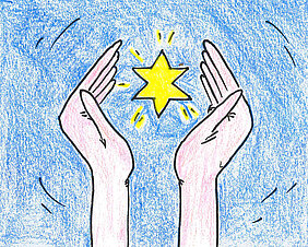 Zwei Hände, die sich nach einem leuchtenden gelben Stern vor blauem Hintergrund ausstrecken.
