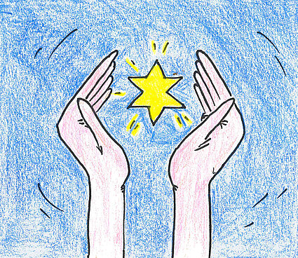 Zwei Hände, die sich nach einem leuchtenden gelben Stern vor blauem Hintergrund ausstrecken.