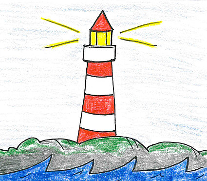 Ein Leuchtturm mit abwechselnd roten und weißen Streifen, einer gelben Spitze und einem Lichtstrahl, der von seiner Spitze ausgeht.