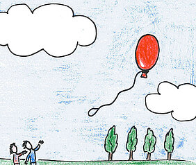 Ein blauer Himmel mit weißen Wolken, ein roter Luftballon, der in der Luft schwebt, und zwei Strichmännchen, die die Szene beobachten.