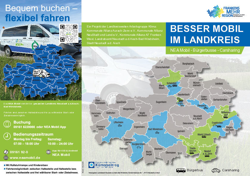 Der Flyer zeigt, wie der Landkreis Neustadt a.d.Aisch–Bad Windsheim mit dem Projekt NEA Mobil moderne Mobilitätslösungen bietet. Mit Bürgerbussen und Carsharing-Angeboten wird flexible Fortbewegung für alle Gemeinden ermöglicht. Die App erlaubt einfache Buchung, und die Karte zeigt, wo welche Dienste verfügbar sind – ein gelungenes Beispiel für regionale Verkehrswende.