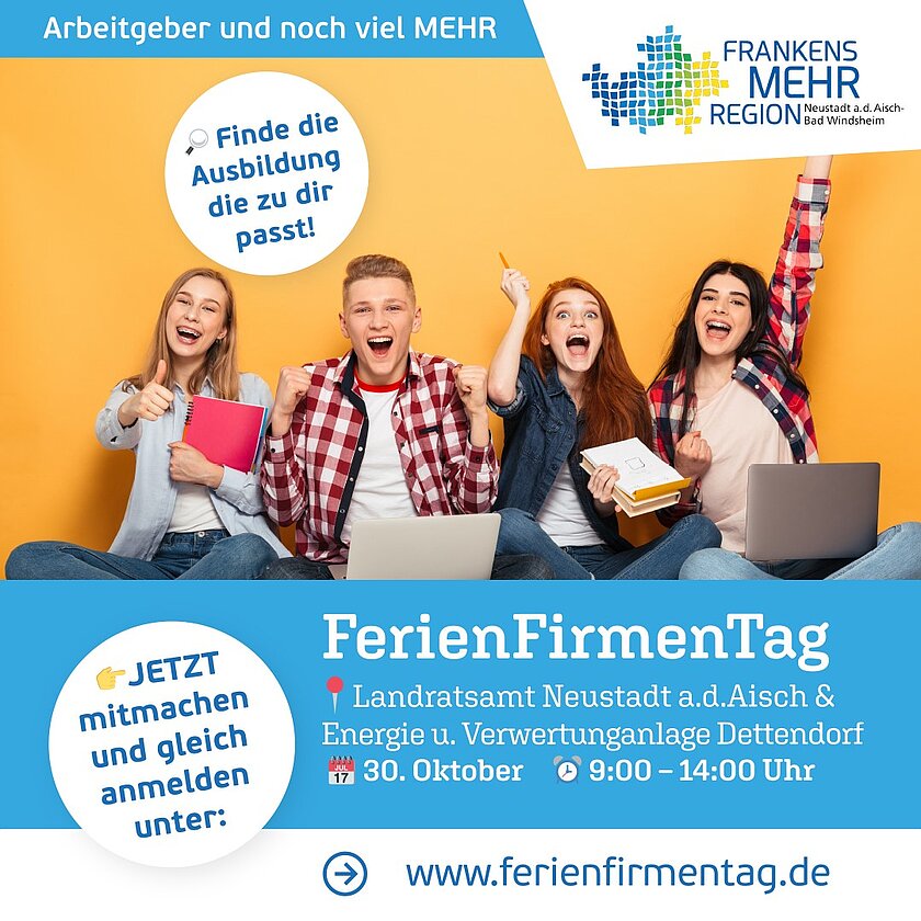 Eine Gruppe junger Menschen sitzt lächelnd auf einem Plakat zum „FerienFirmenTag“, der am 30. Oktober in Neustadt an der Aisch stattfindet und zur Ausbildungswahl einlädt.