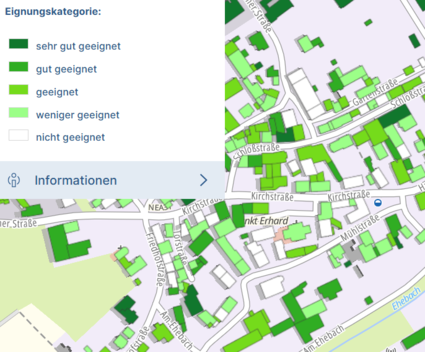 Screenshot Gründachatlas mit Legende zur Eignung und Übersicht von Sugenheim