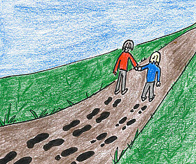 Zwei animierte Figuren, die Hand in Hand auf einem Weg gehen, umgeben von grünem Gras und blauem Himmel.