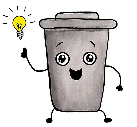 Illustration eines grauen Mülleimers mit Gesicht, Armen und Beinen, der lächelnd eine leuchtende Glühbirne in der linken Hand hält.