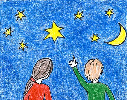 Zwei animierte Figuren, ein Mädchen und ein Junge, blicken in einen Nachthimmel voller Sterne und einer Mondsichel.